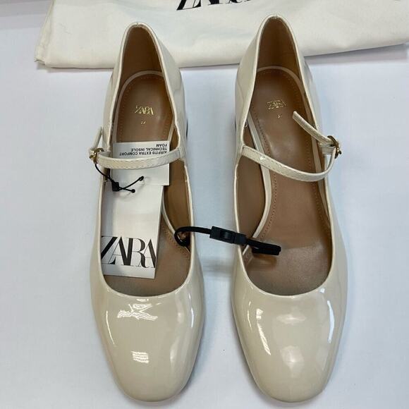 ZARA Off-White Block Heel Mary Janes NWT - Picture 8 of 14